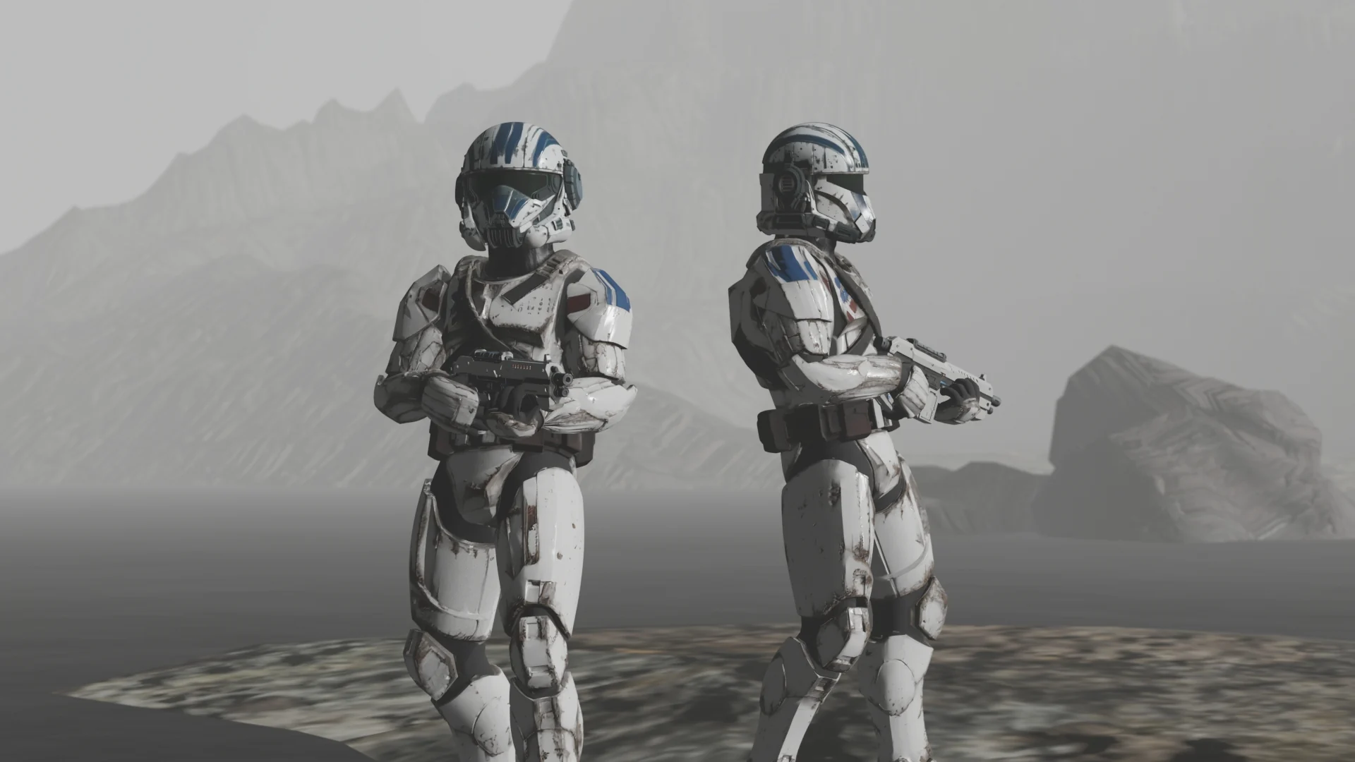 Escenario CGI rocoso con dos personajes blindados