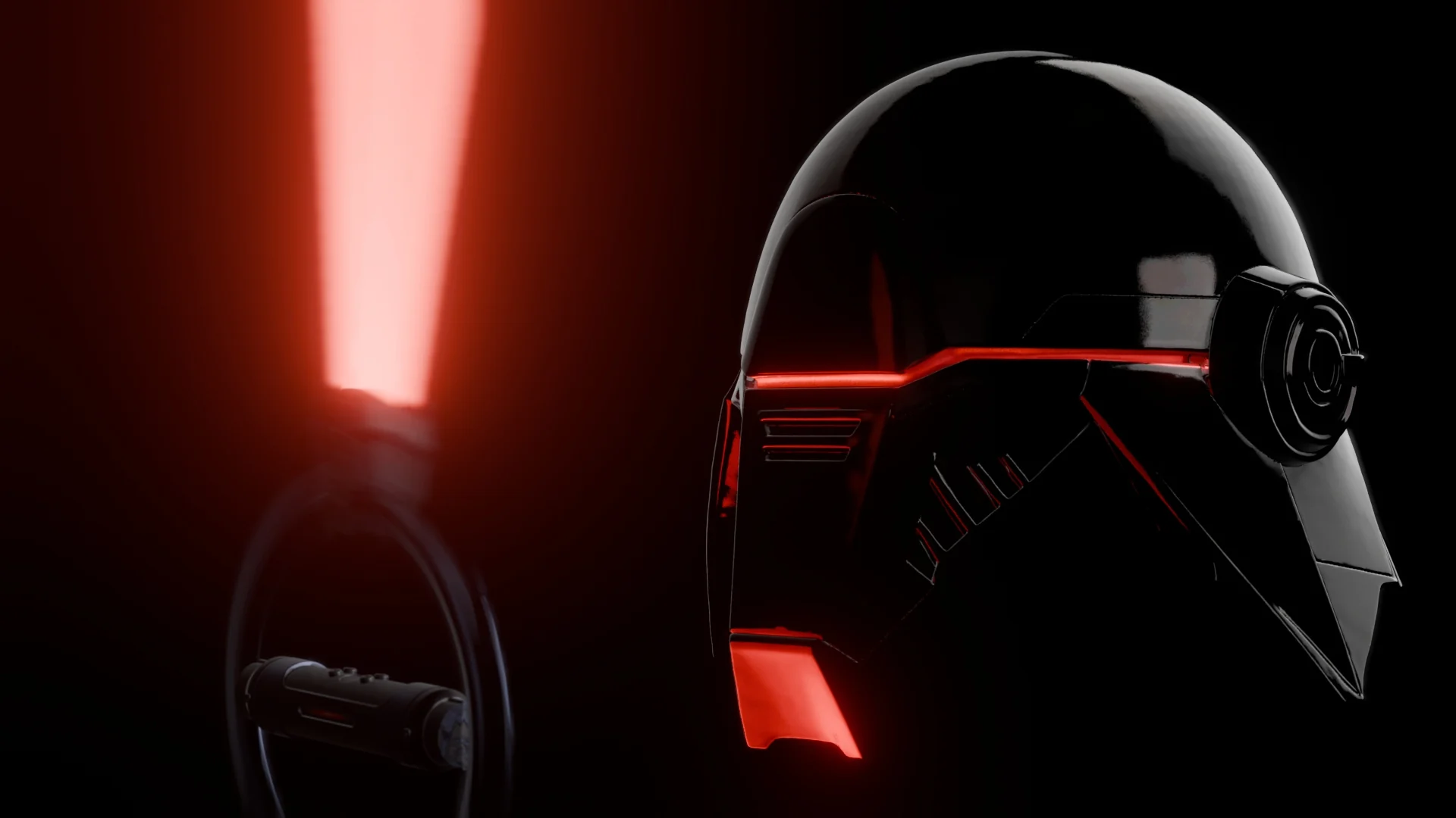 Casco de personaje CGI modelado bajo iluminación roja