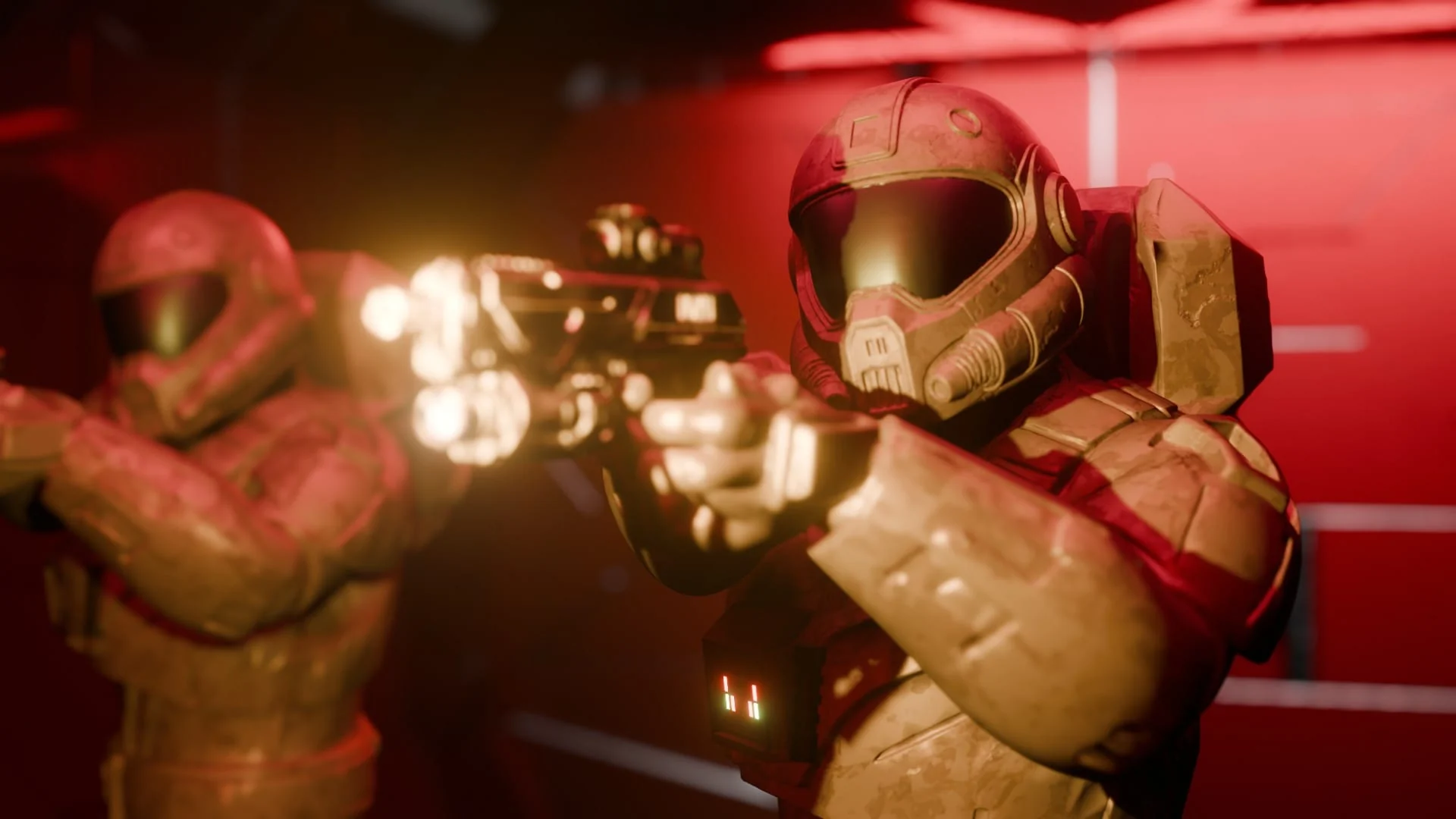 Soldados digitales en una escena de acción iluminada en rojo