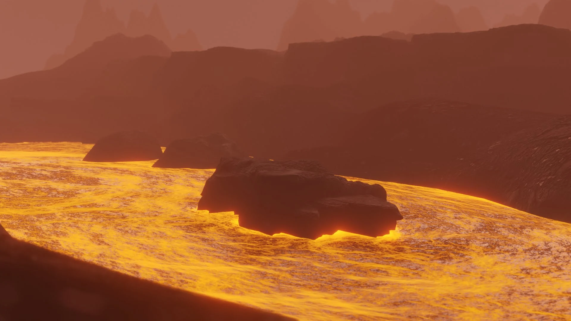 Entorno volcánico CGI con simulación de lava