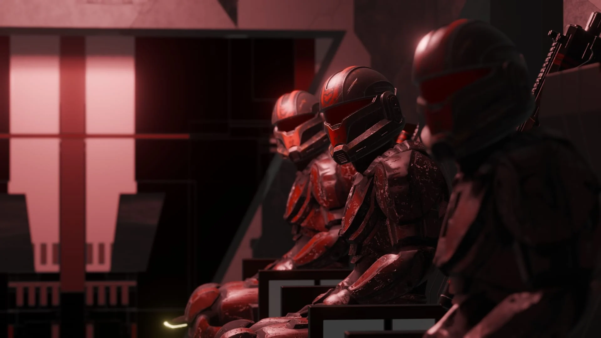 Formación de soldados CGI con iluminación cinematográfica roja