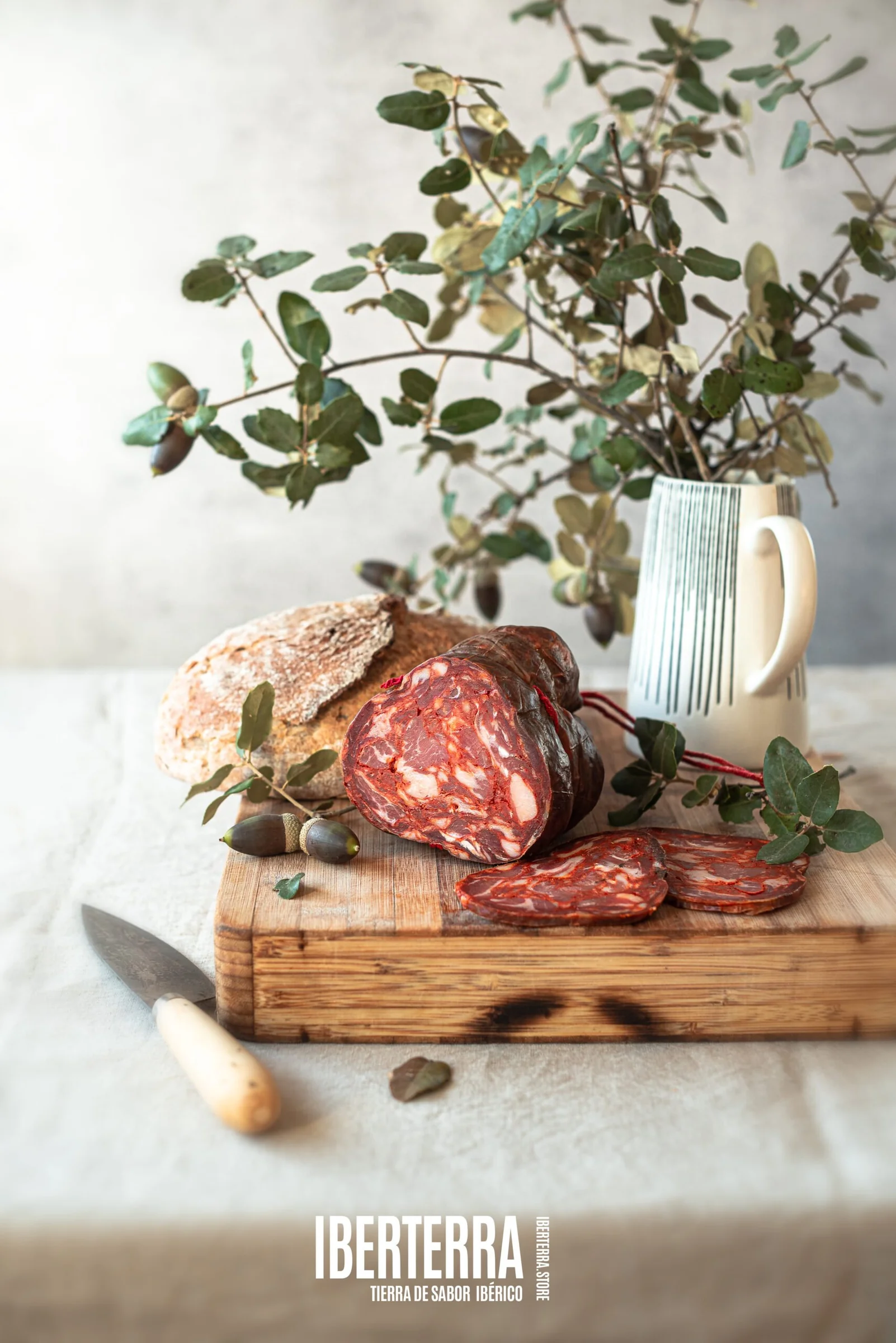 Composición gastronómica de producto ibérico con tomates y pan